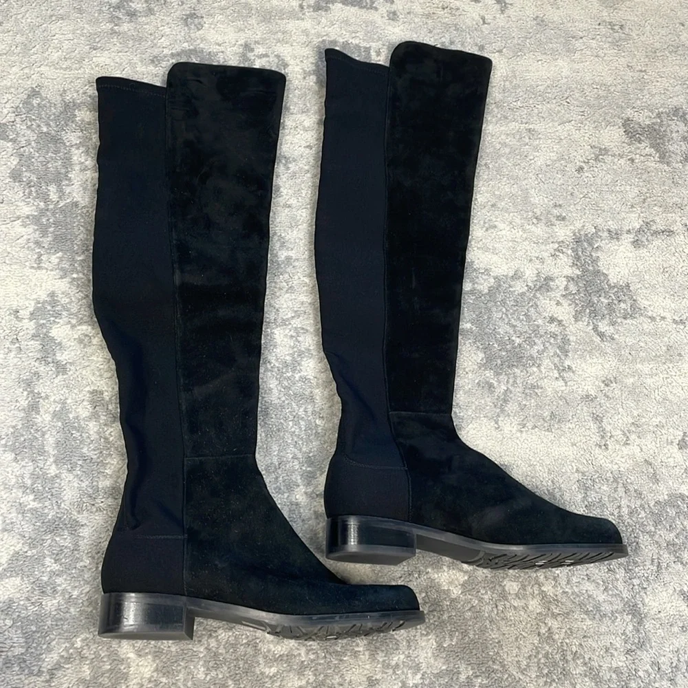 New Stuart Weitzman 5050 Suede Riding Boots Knee High Black Low Heel Sz 5.5